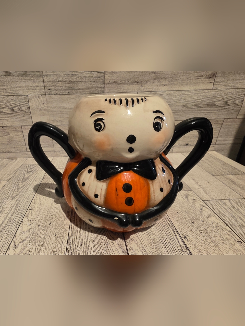 Hand-Painted Ceramic Pumpkin Doll Planter in Orange, Black & Cream